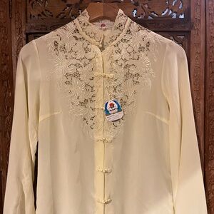 Vintage Hand Embroidered Long Sleeve Mandarin Collar Silk Blouse Yellow